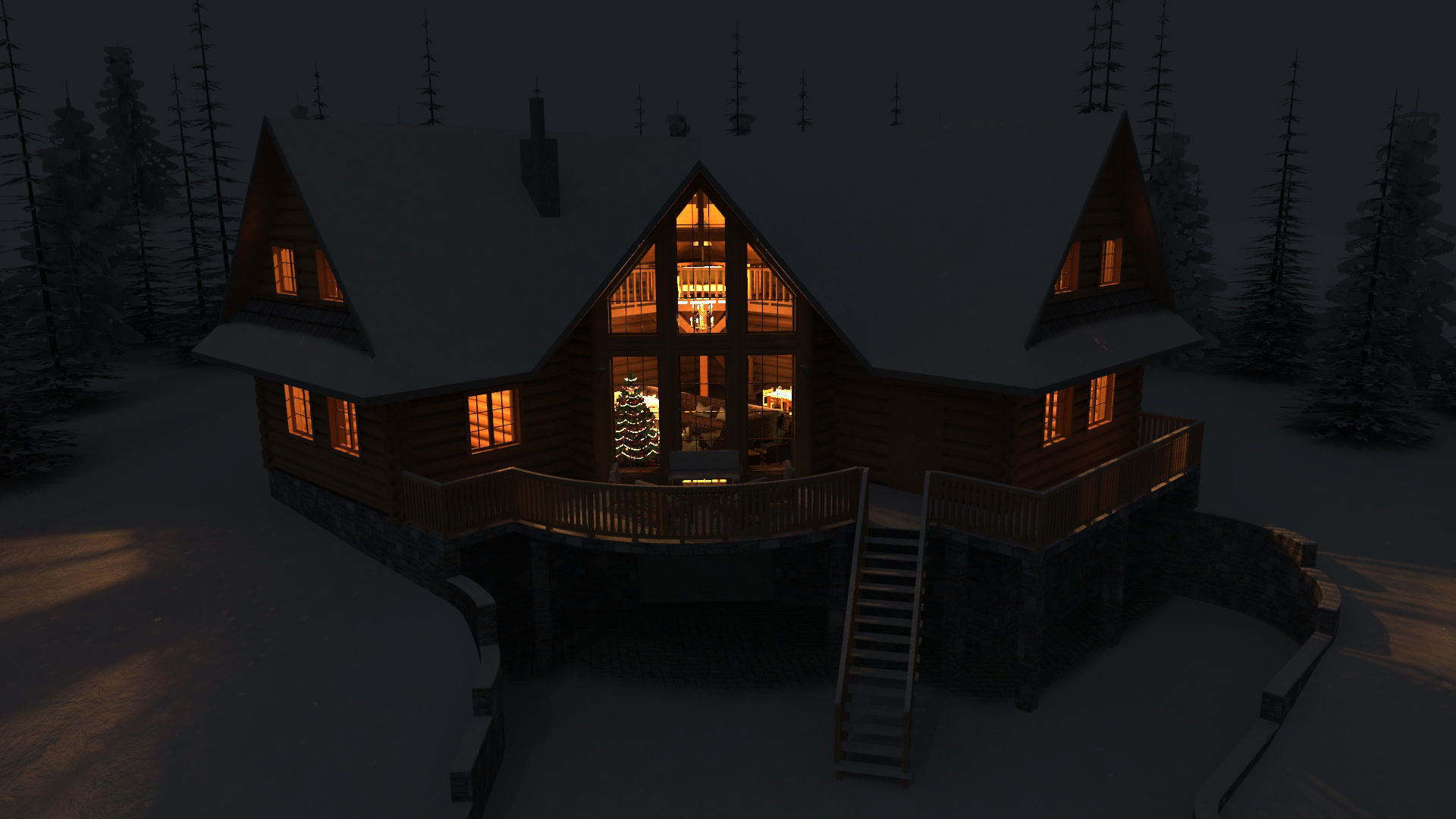 Log House with garage Winter scene 3D model_1