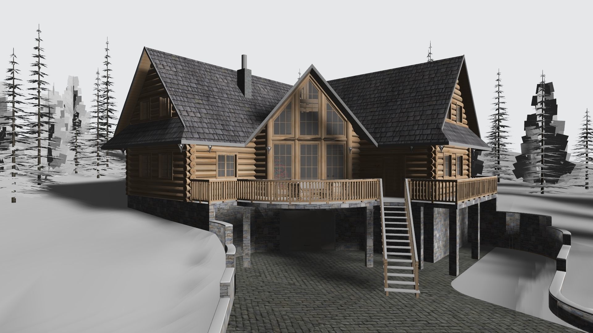 Log House with garage Winter scene 3D model_5