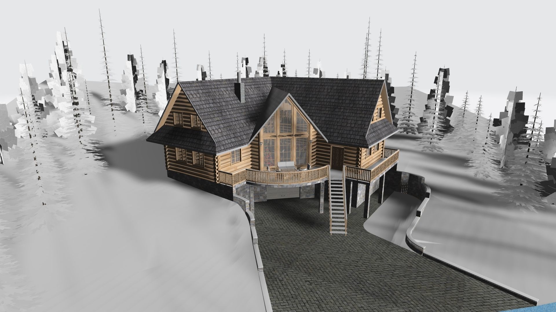 Log House with garage Winter scene 3D model_3