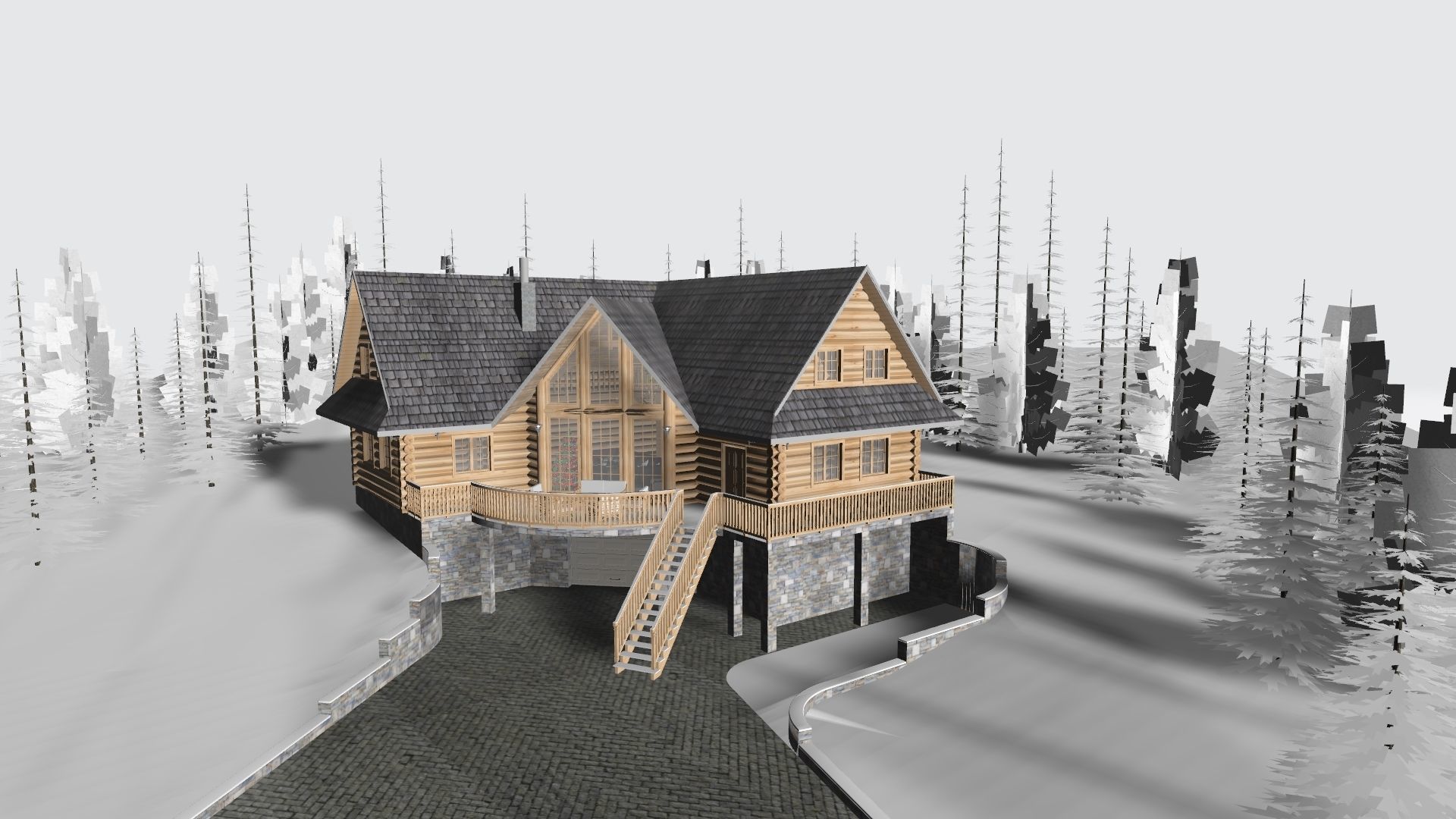 Log House with garage Winter scene 3D model_4