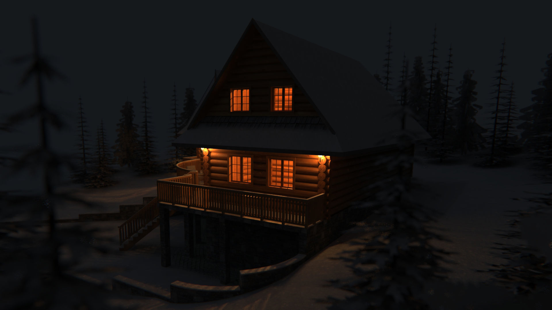 Log House with garage Winter scene 3D model_2