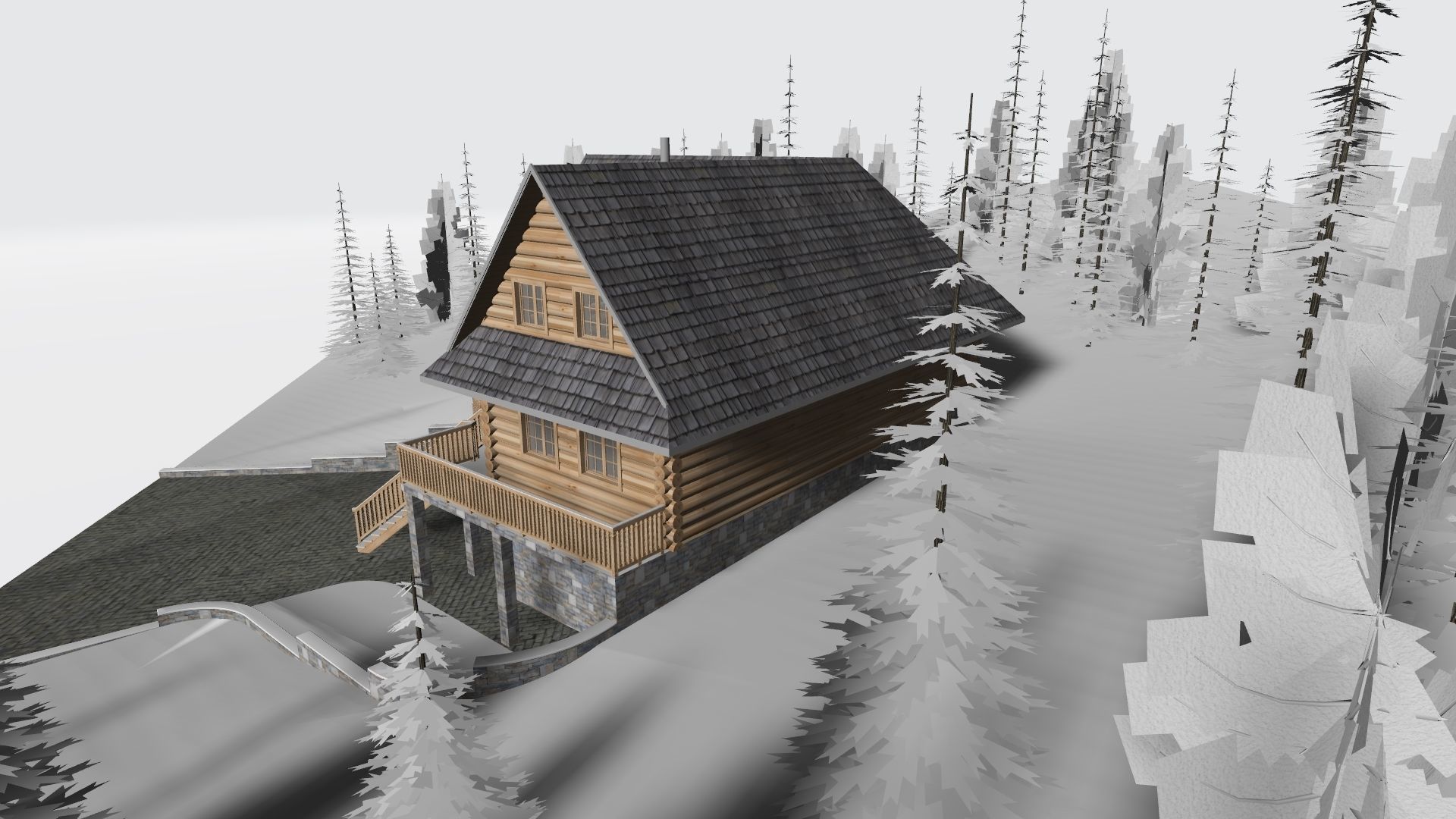 Log House with garage Winter scene 3D model_6