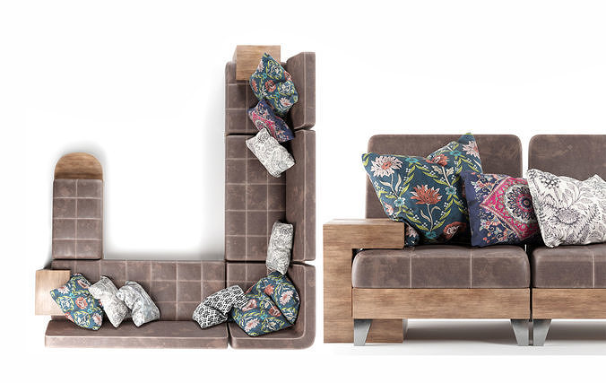 brown leather  L familial sofa 3D model