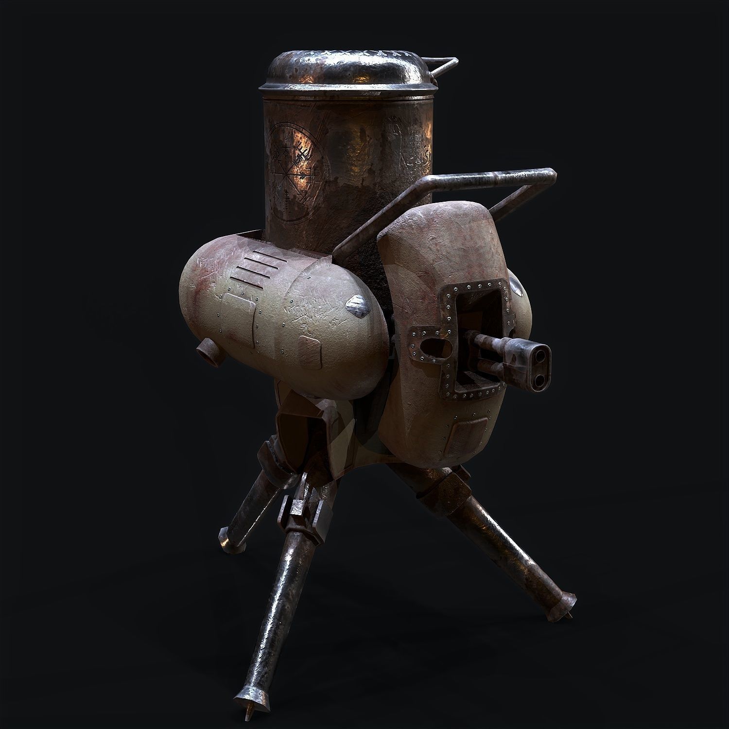 Turret steam powered machine gun Low-poly 3D model_4