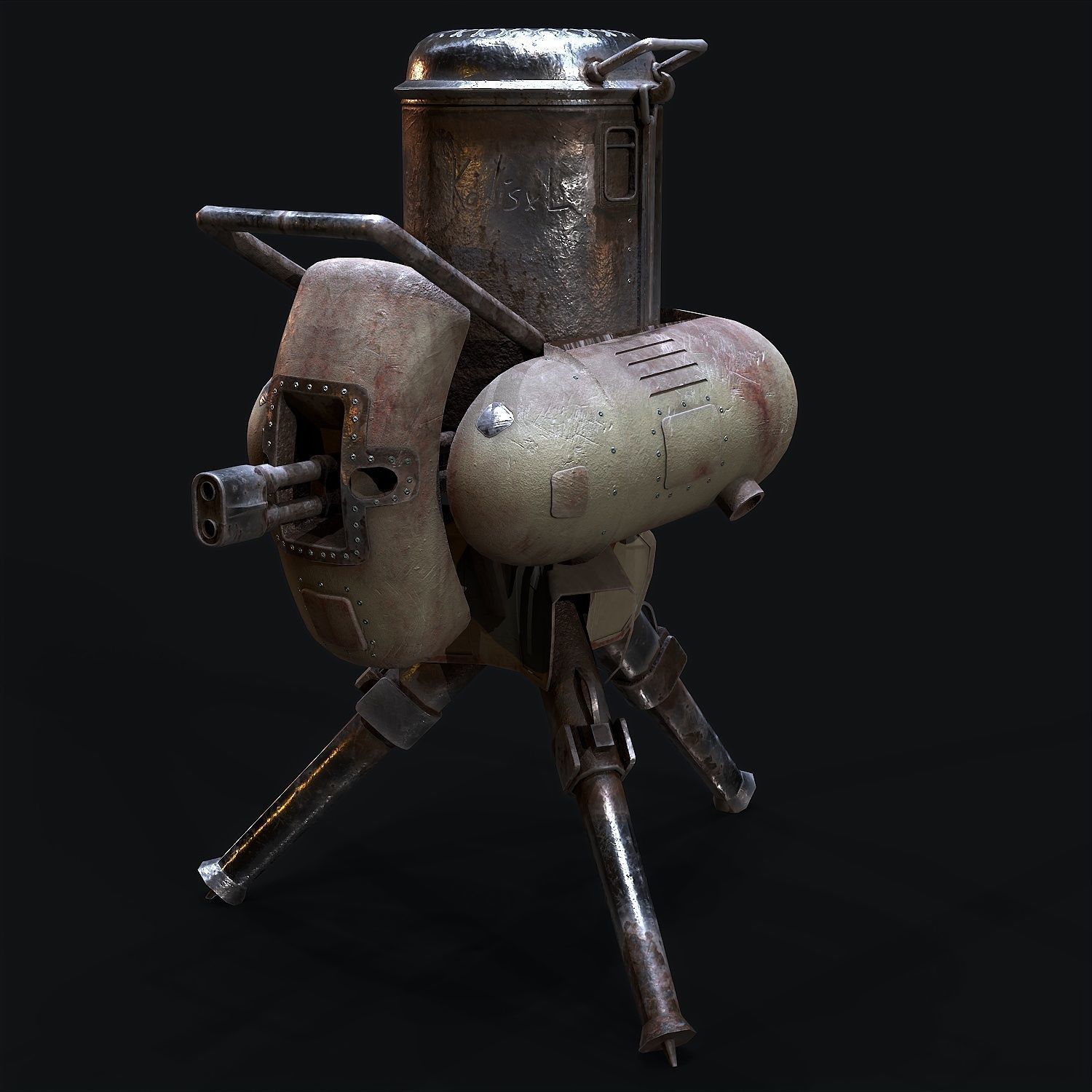 Turret steam powered machine gun Low-poly 3D model_1