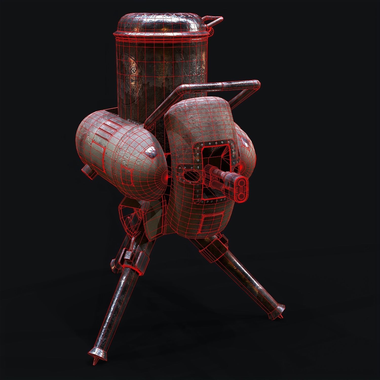 Turret steam powered machine gun Low-poly 3D model_9