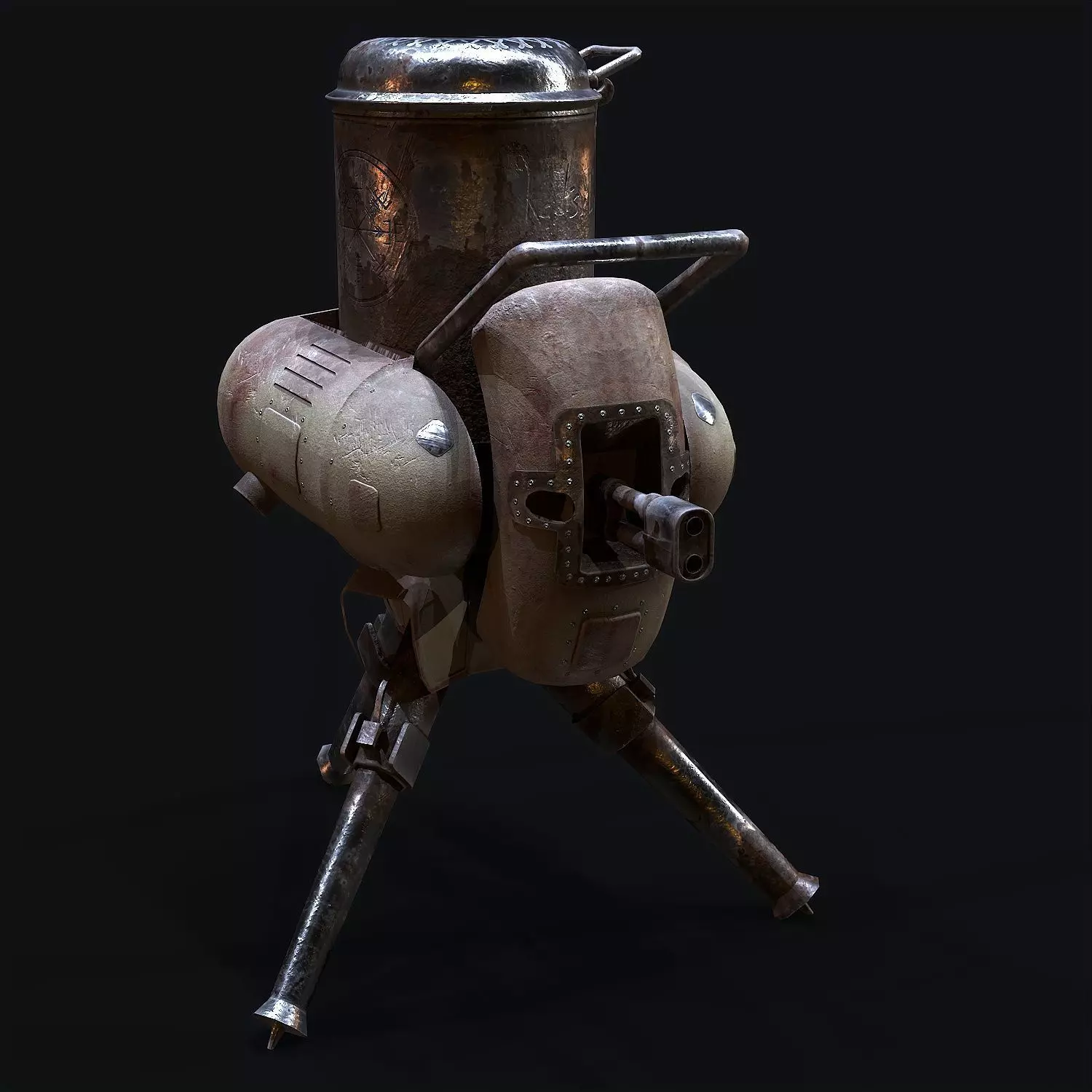 Turret steam powered machine gun Low-poly 3D model_0