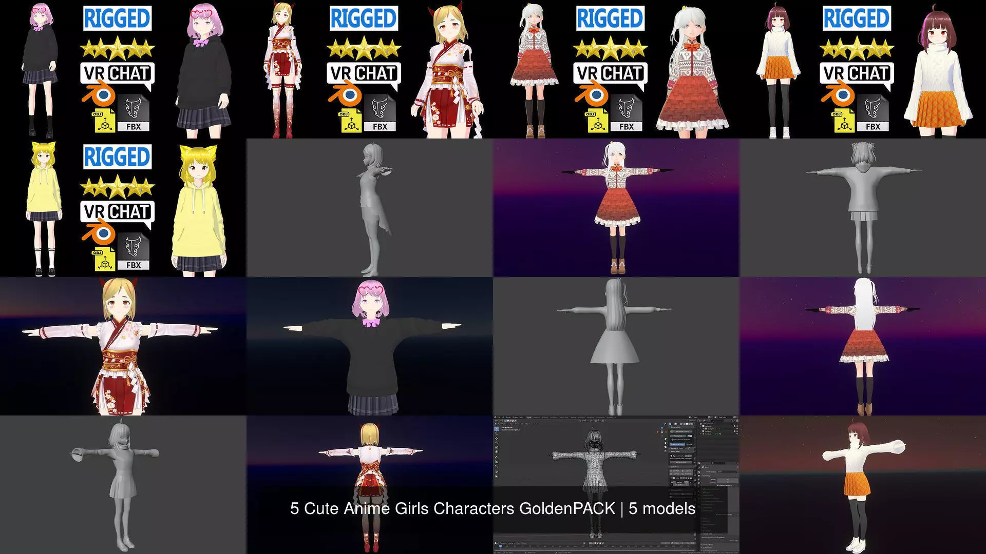5 Cute Anime Girls Characters GoldenPACK 3D Model Collection_1