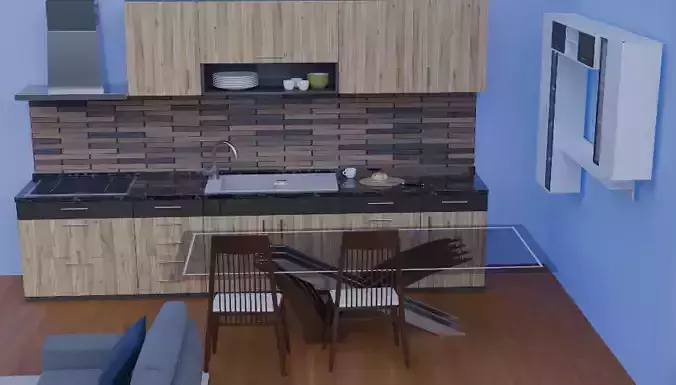 Kitchen and dining room with walls 3D model