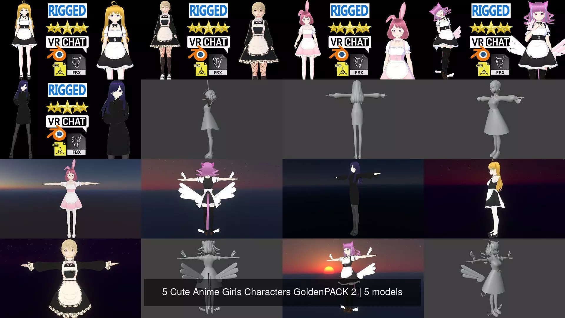 5 Cute Anime Girls Characters GoldenPACK 2 3D Model Collection_1
