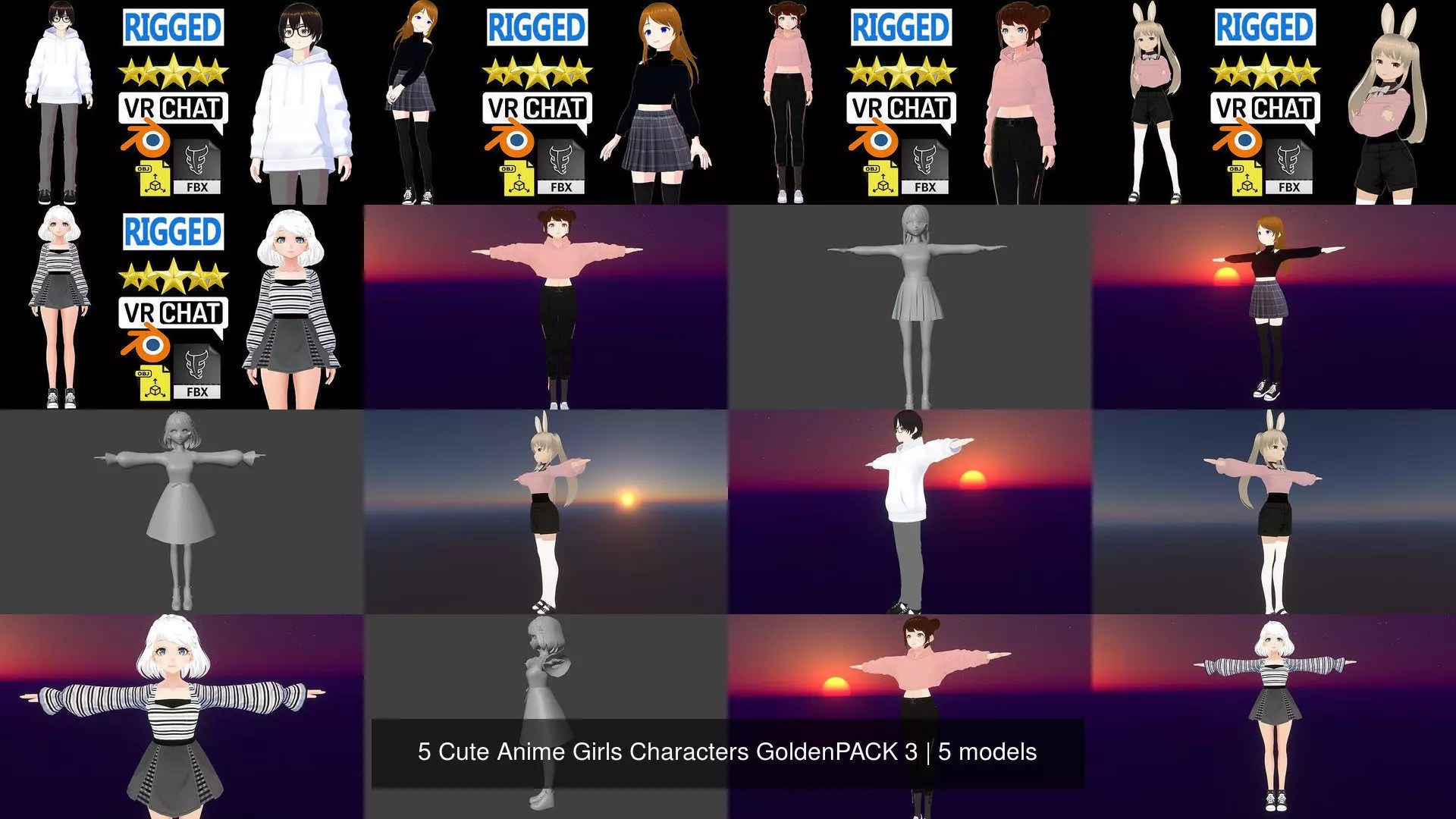 5 Cute Anime Girls Characters GoldenPACK 3 3D Model Collection_1