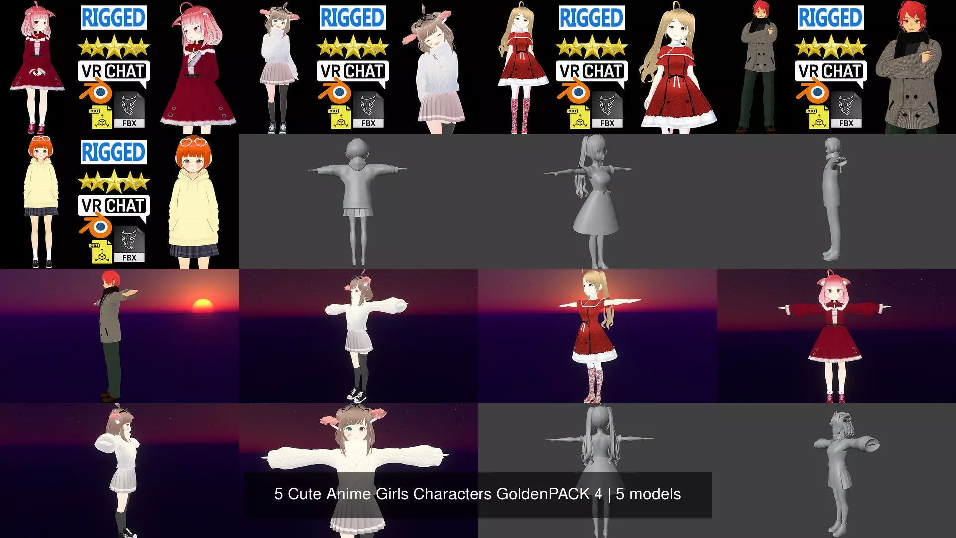5 Cute Anime Girls Characters GoldenPACK 4 3D Model Collection_1