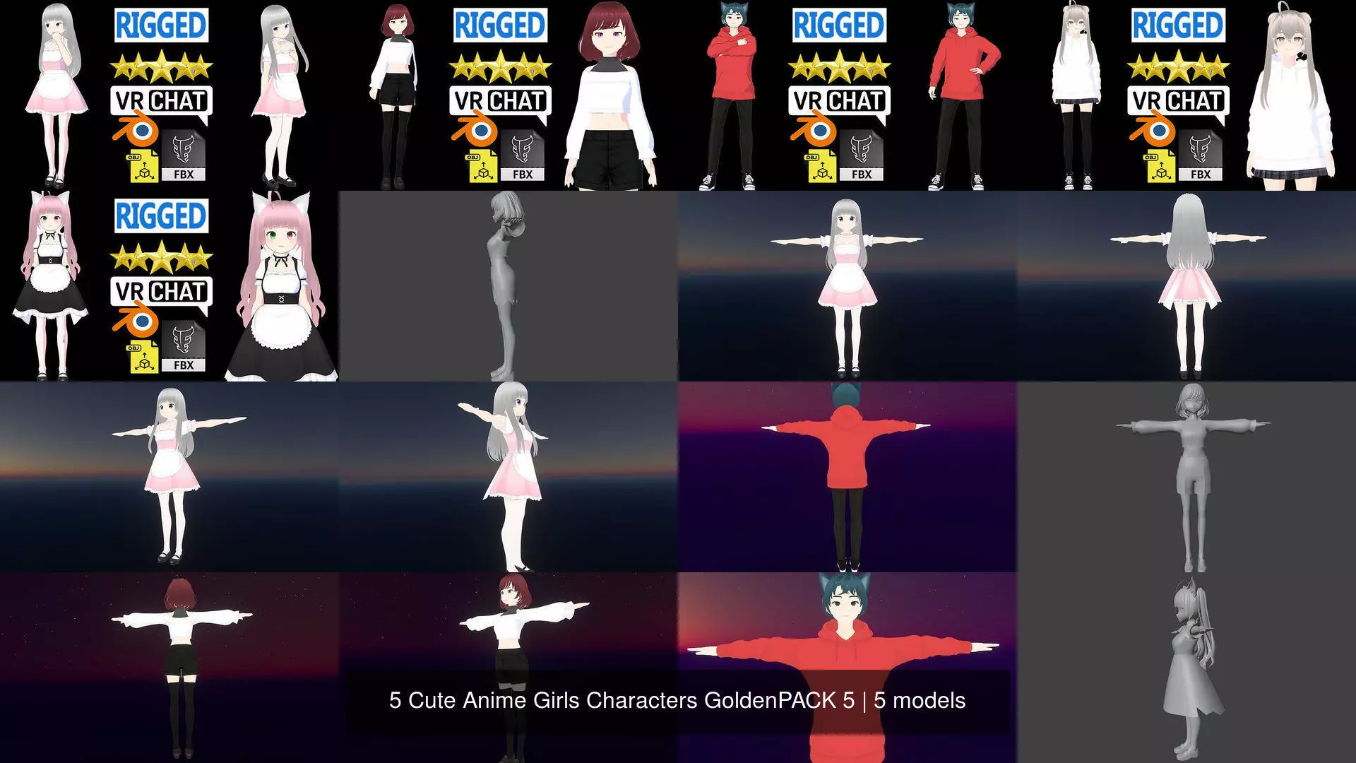 5 Cute Anime Girls Characters GoldenPACK 5 3D Model Collection_1