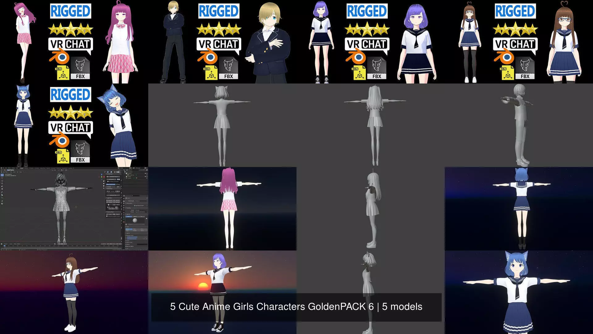 5 Cute Anime Girls Characters GoldenPACK 6 3D Model Collection_1