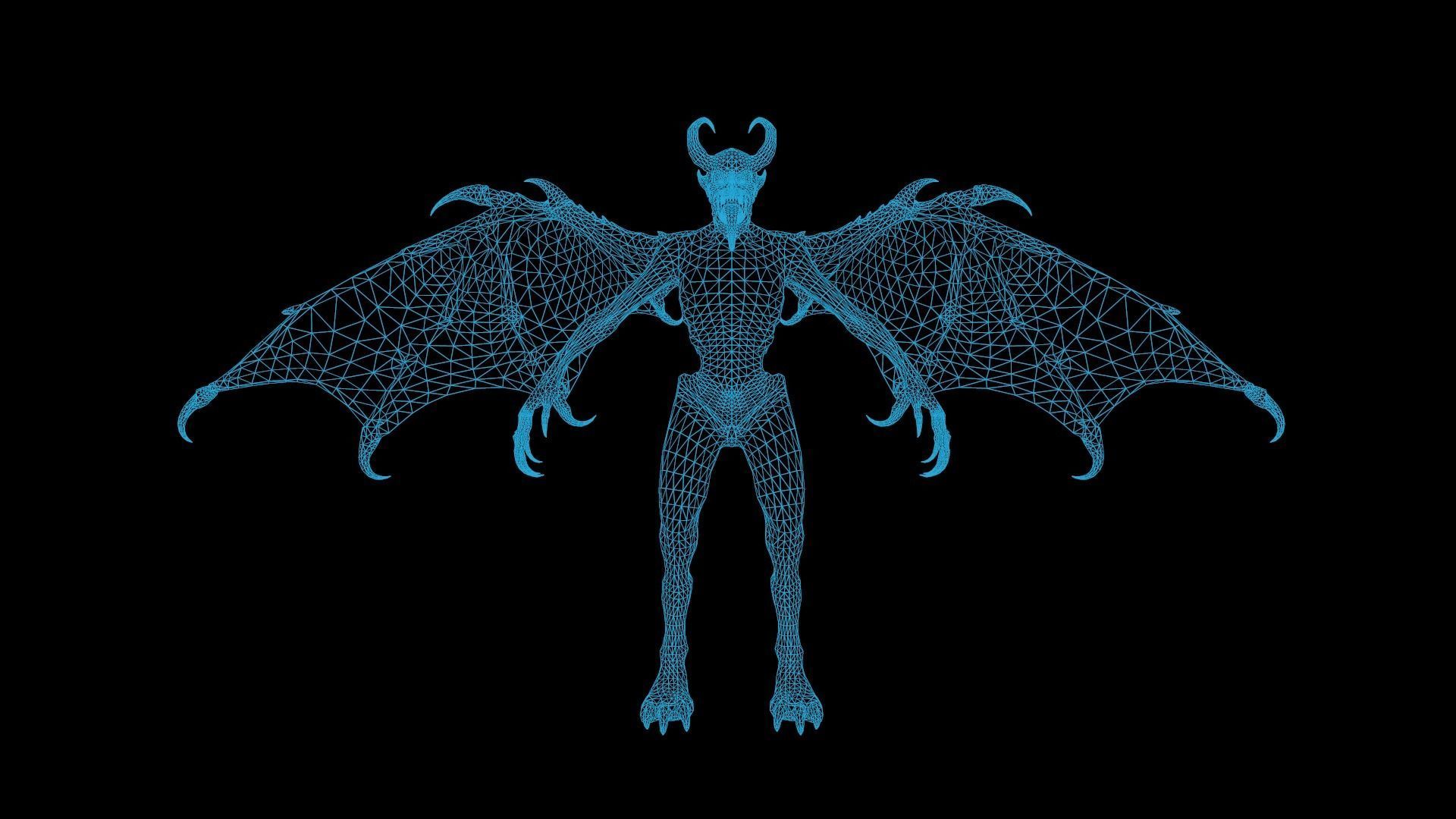 Gargoyle demon with wings flying in air Low-poly 3D model_9