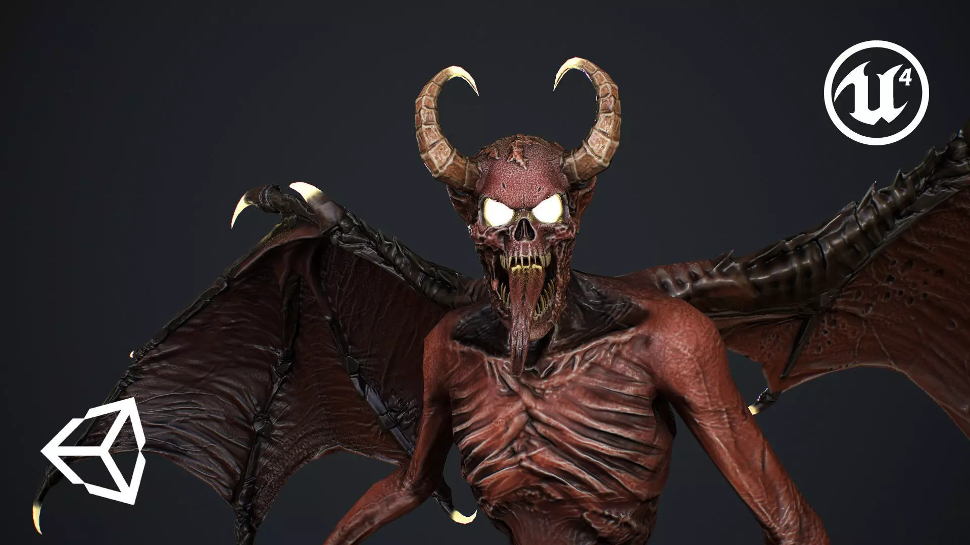 Gargoyle demon with wings flying in air Low-poly 3D model_0