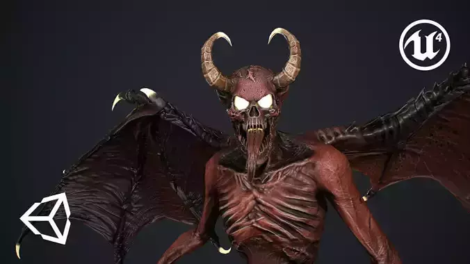Gargoyle demon with wings flying in air Low-poly 3D model