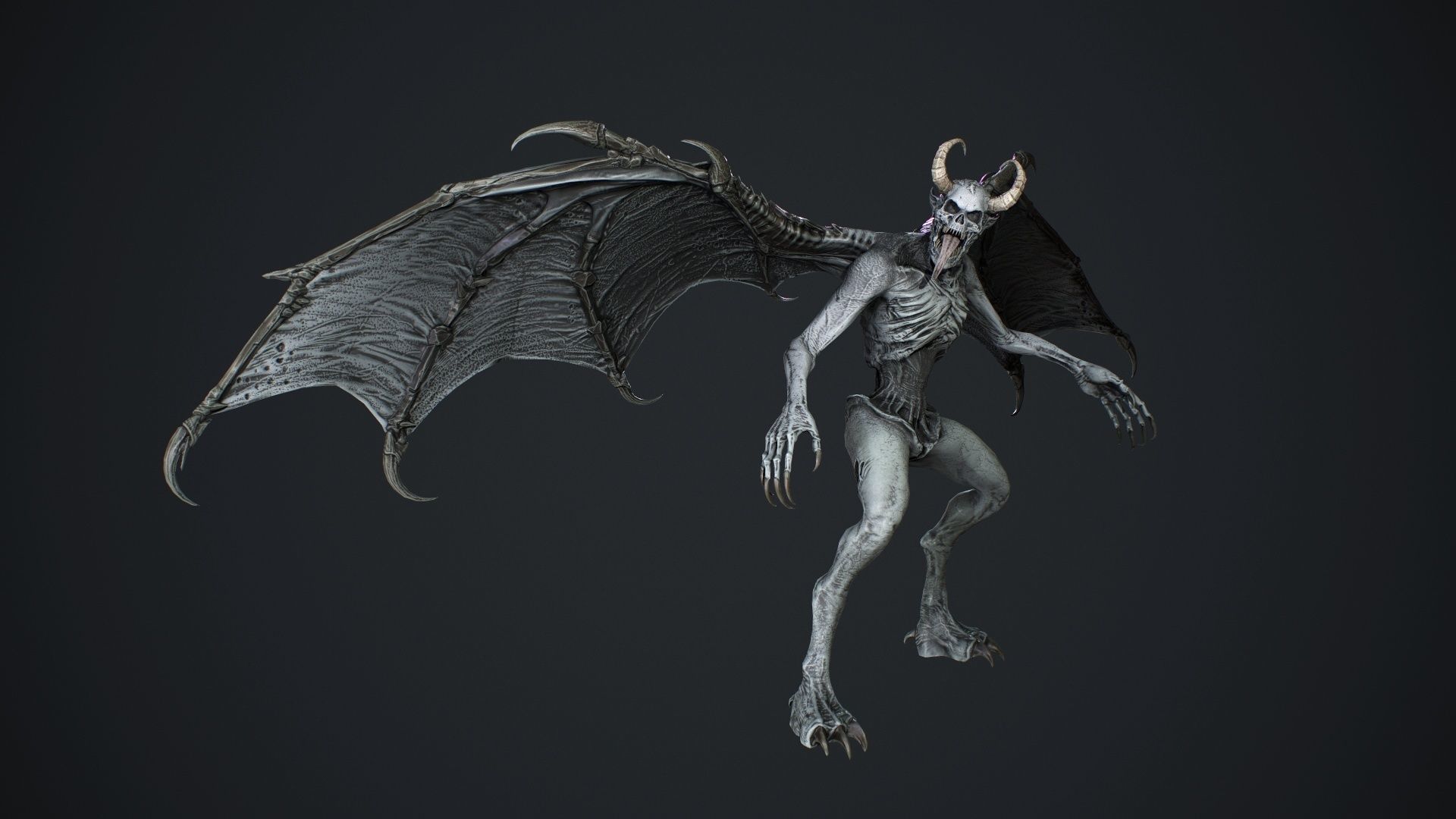 Gargoyle demon with wings flying in air Low-poly 3D model_22