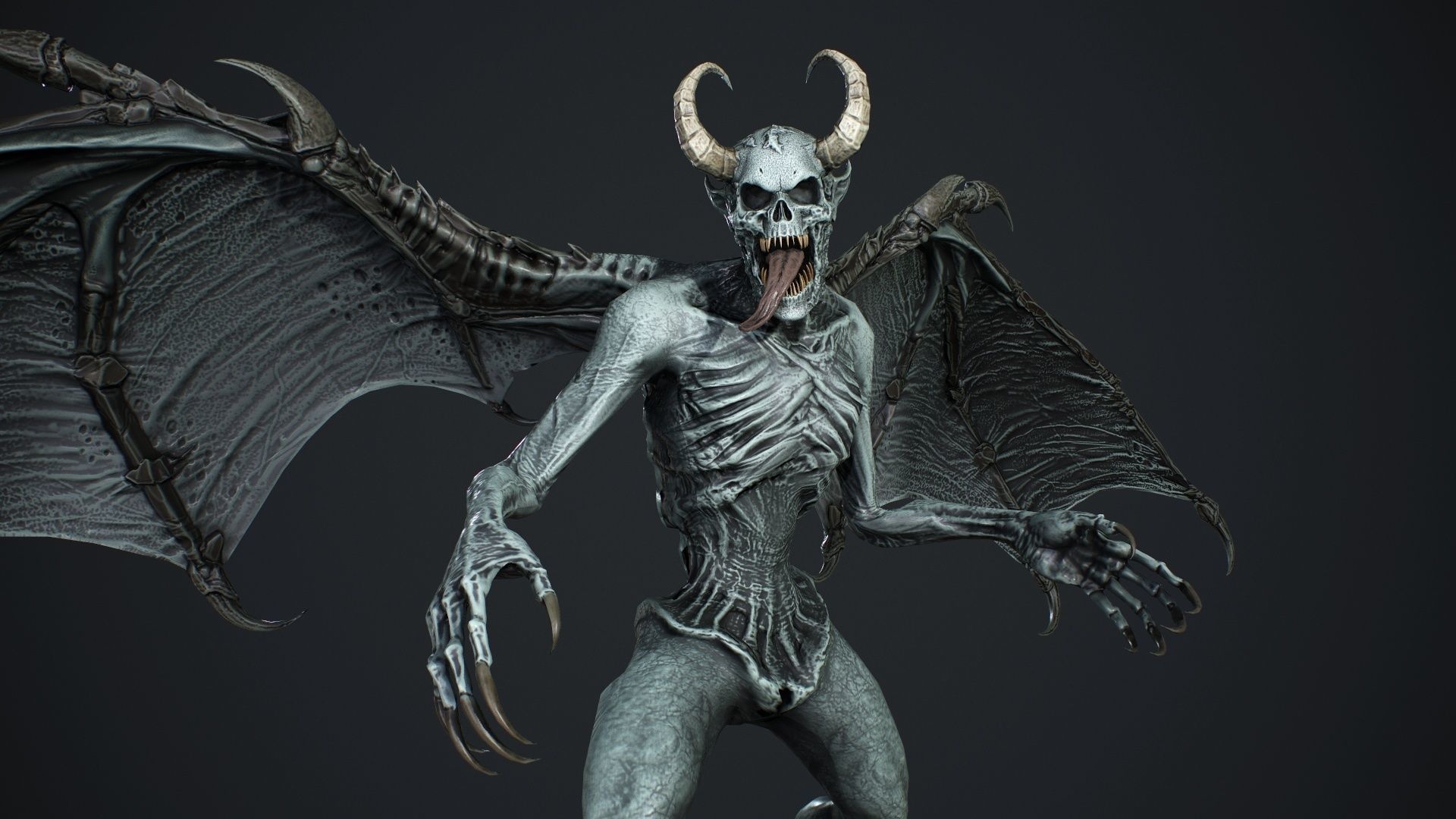 Gargoyle demon with wings flying in air Low-poly 3D model_18