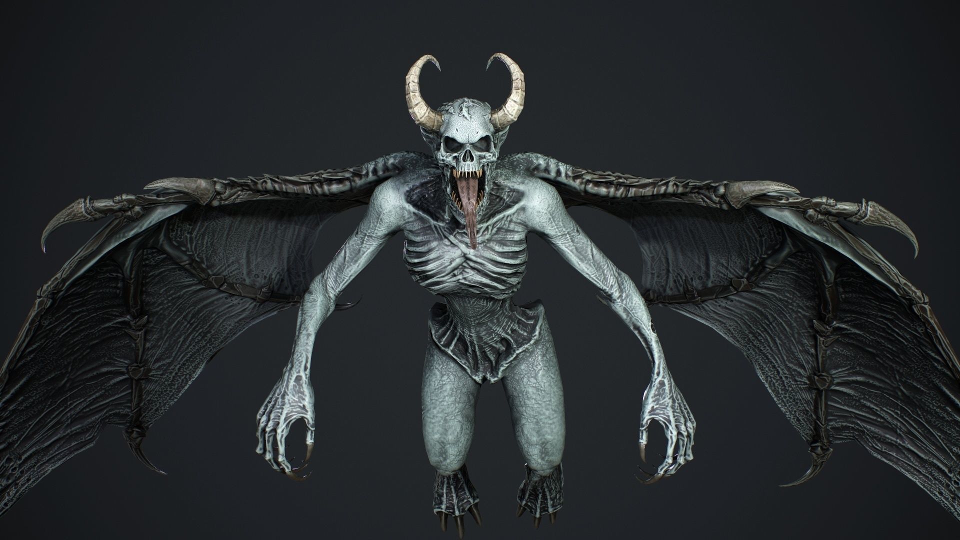 Gargoyle demon with wings flying in air Low-poly 3D model_17
