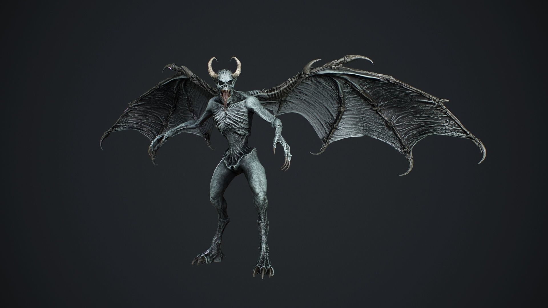 Gargoyle demon with wings flying in air Low-poly 3D model_15