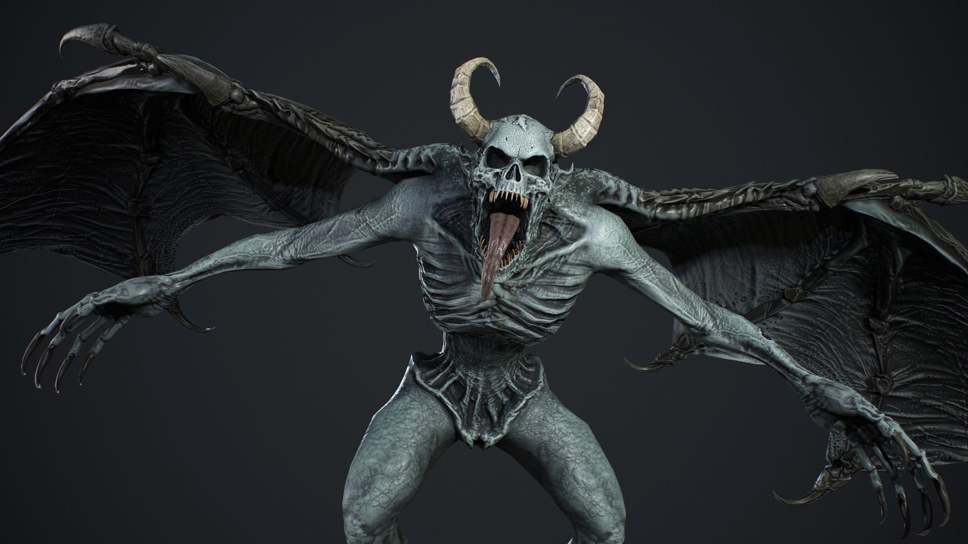 Gargoyle demon with wings flying in air Low-poly 3D model_14
