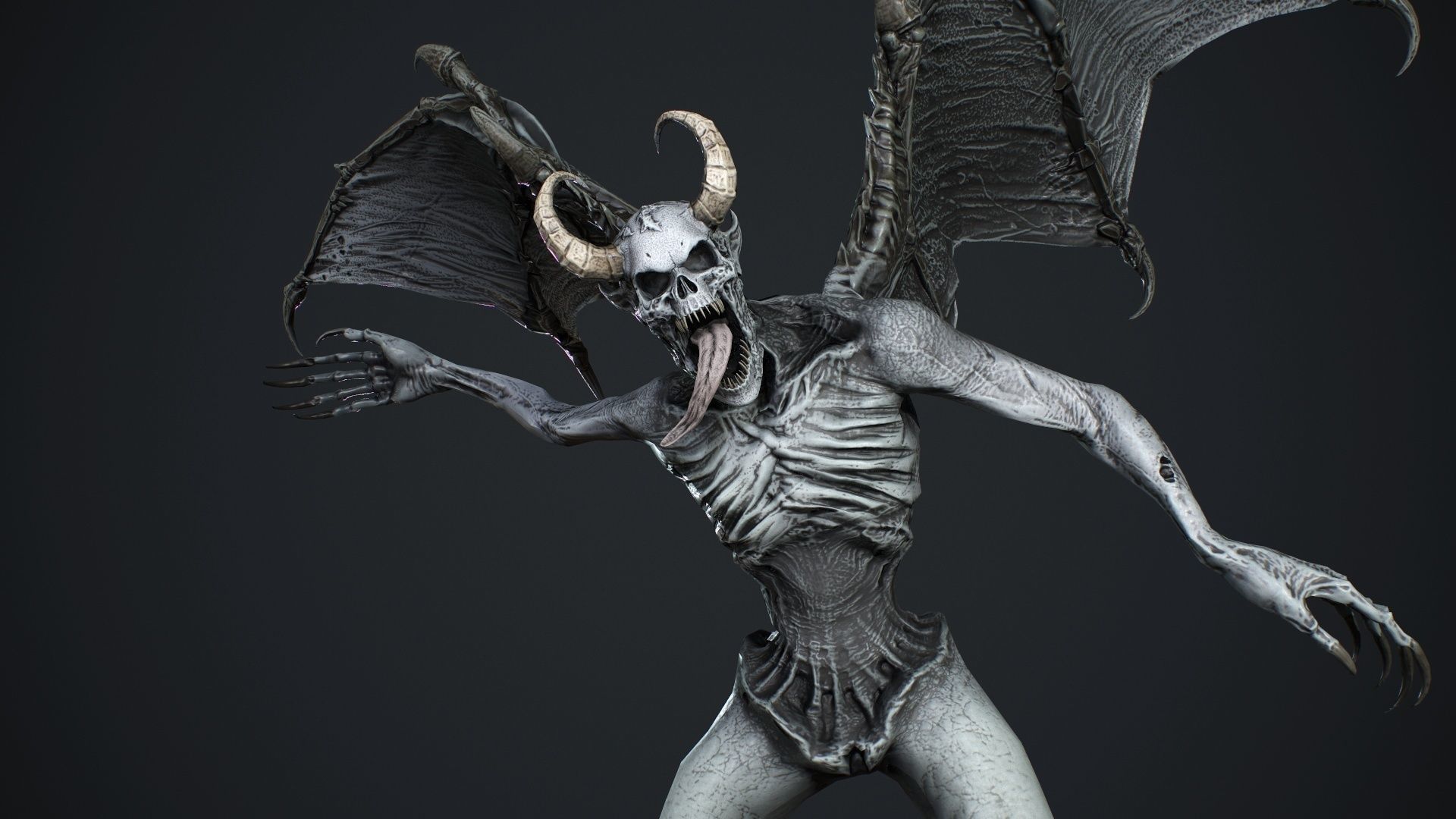 Gargoyle demon with wings flying in air Low-poly 3D model_23