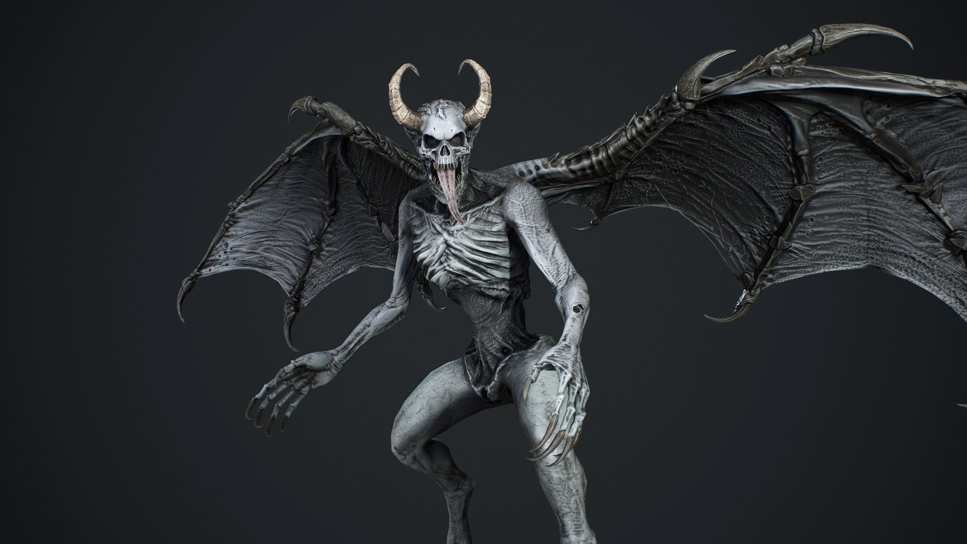 Gargoyle demon with wings flying in air Low-poly 3D model_20