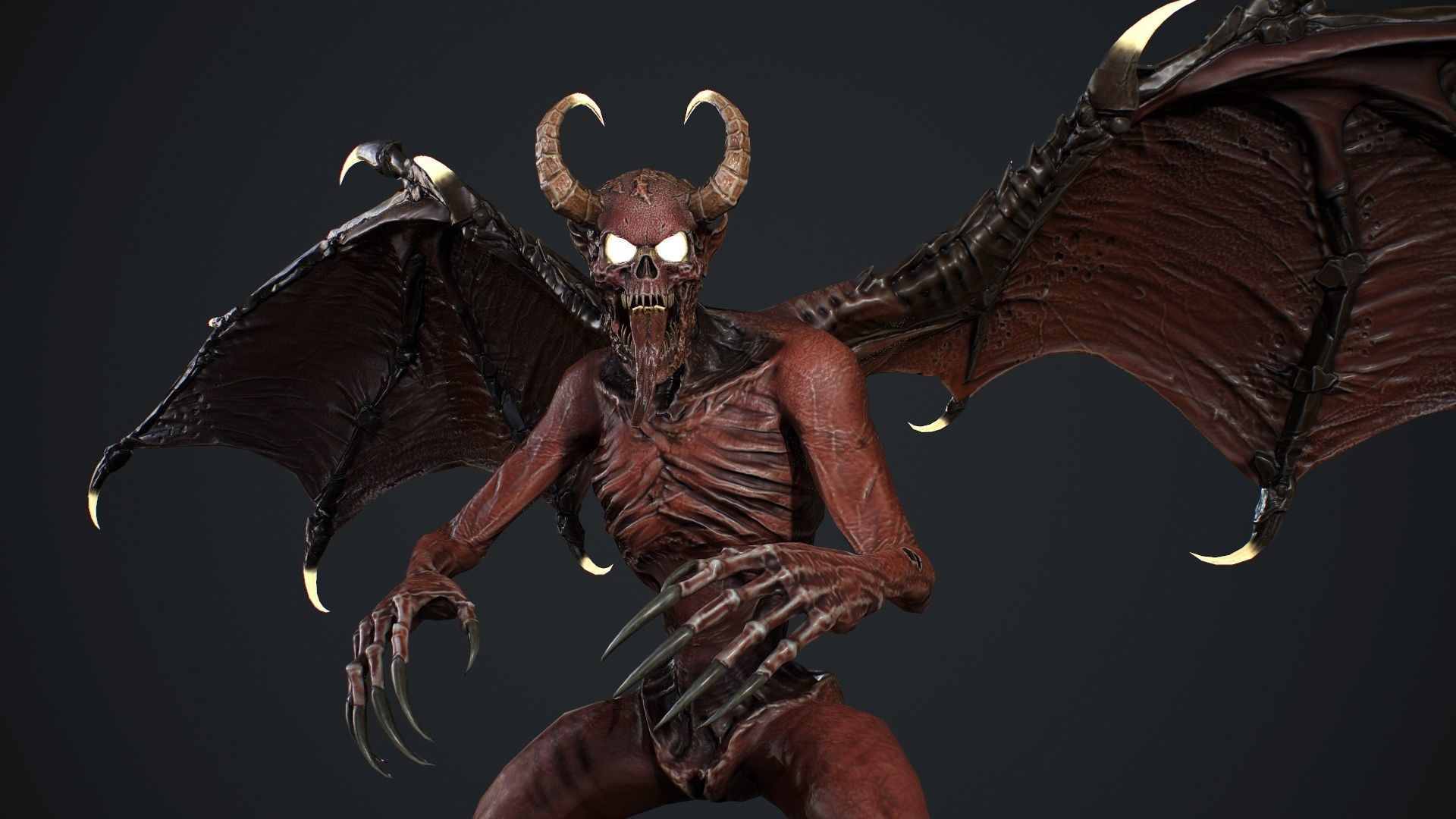 Gargoyle demon with wings flying in air Low-poly 3D model_11