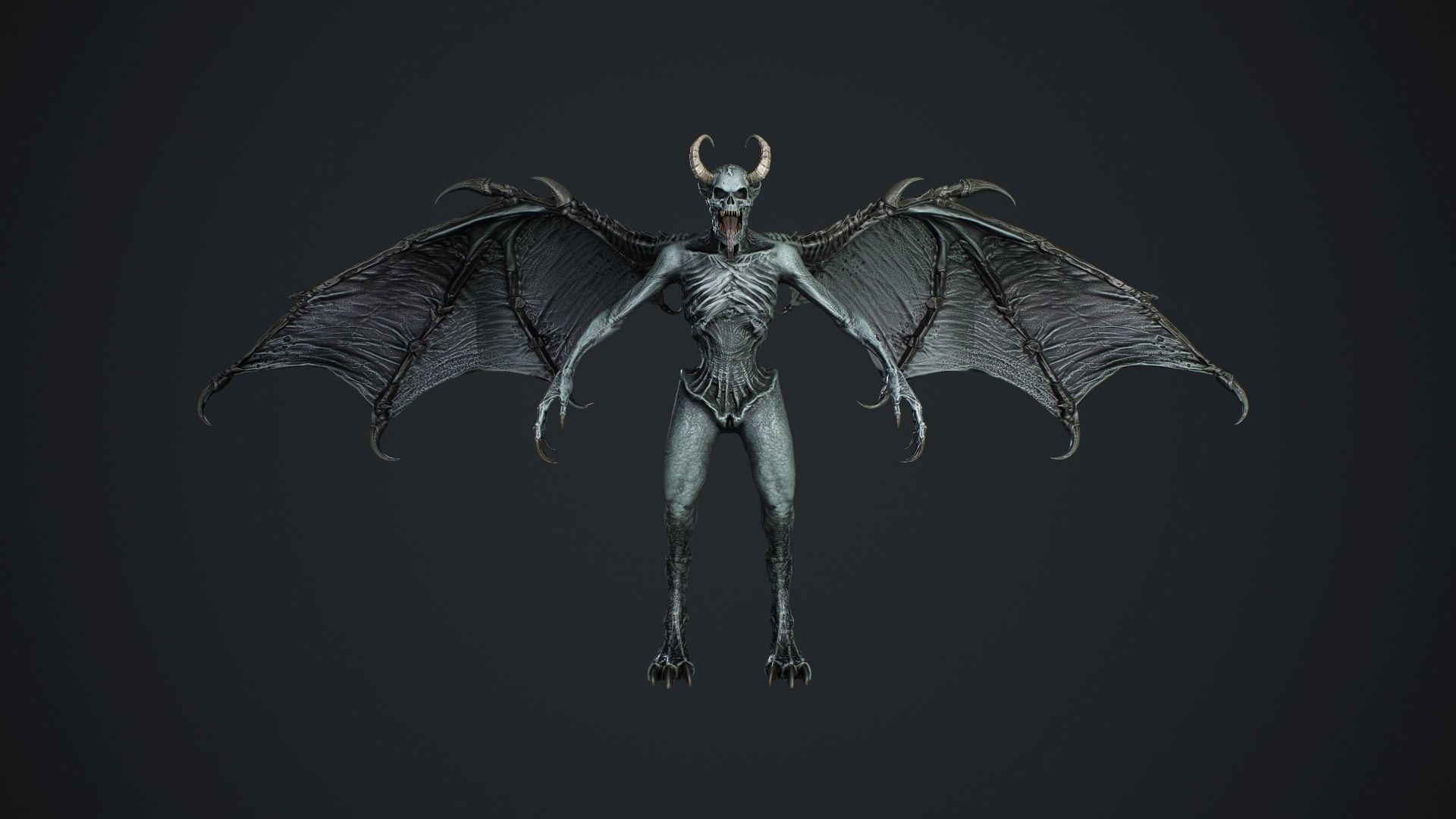 Gargoyle demon with wings flying in air Low-poly 3D model_7