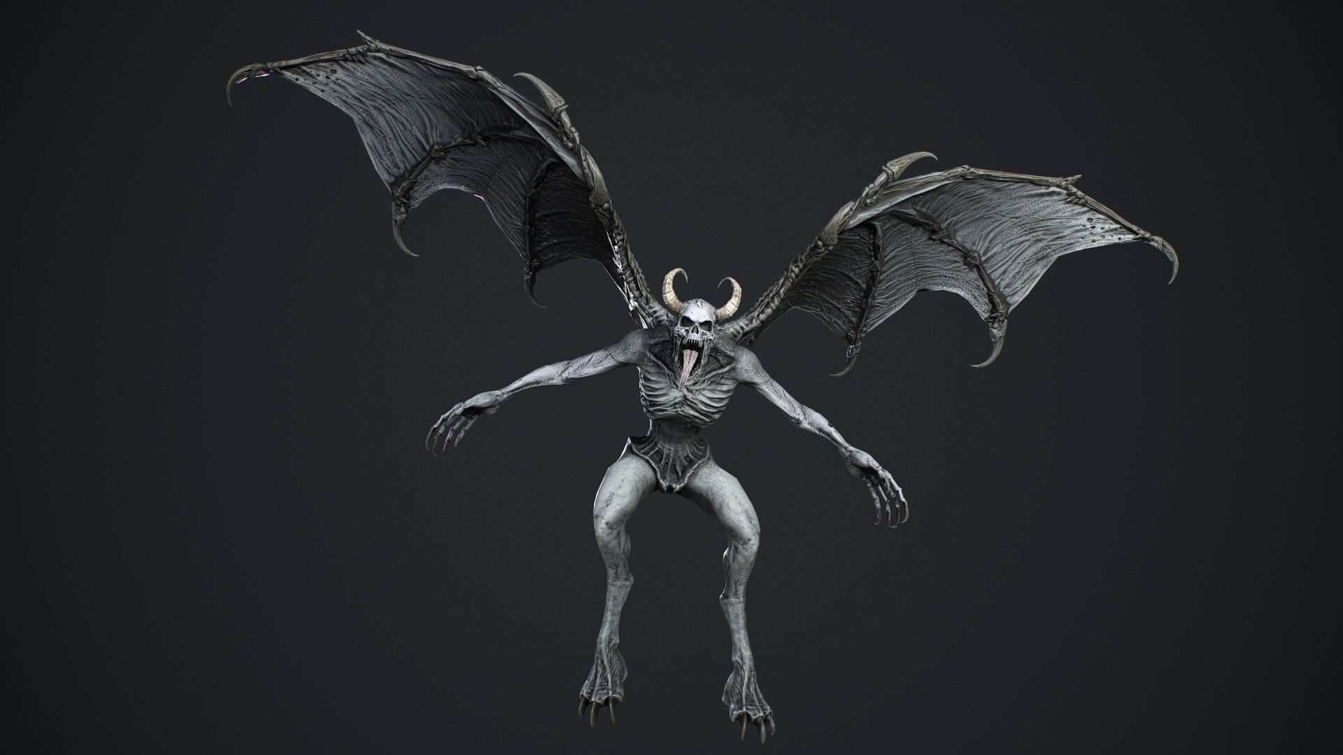 Gargoyle demon with wings flying in air Low-poly 3D model_21