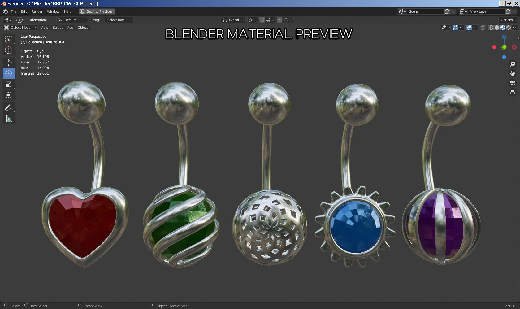 Navel belly-button piercing jewellery-jewelry 3D model set 3D model_3