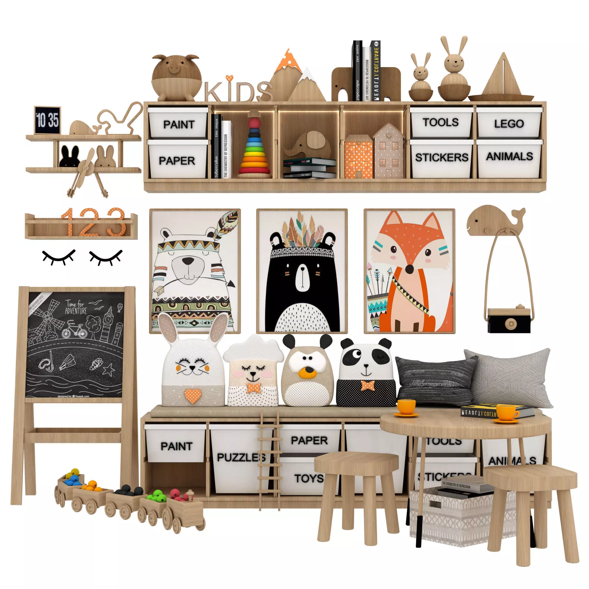 toys and furniture set Low-poly 3D model_0