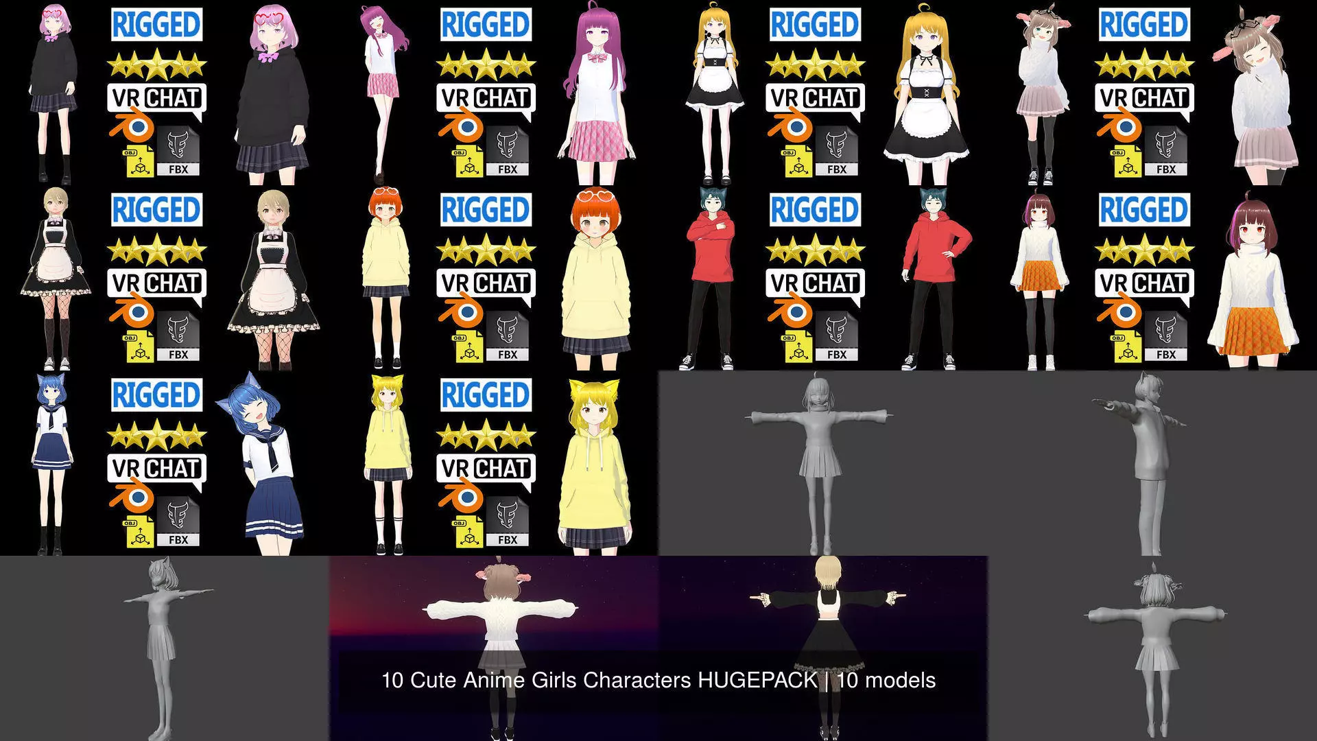 10 Cute Anime Girls Characters HUGEPACK 3D Model Collection_1