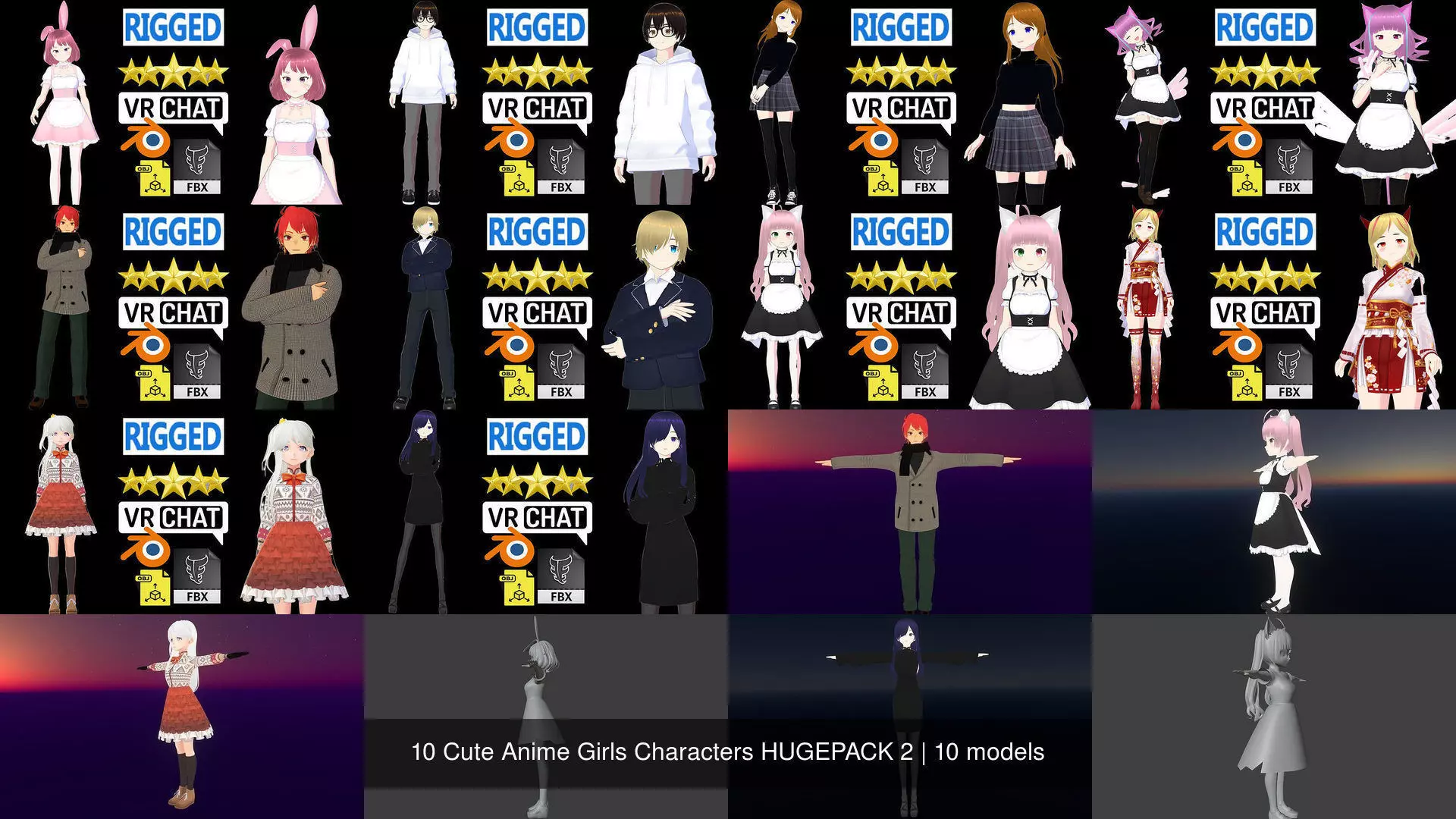 10 Cute Anime Girls Characters HUGEPACK 2 3D Model Collection_1