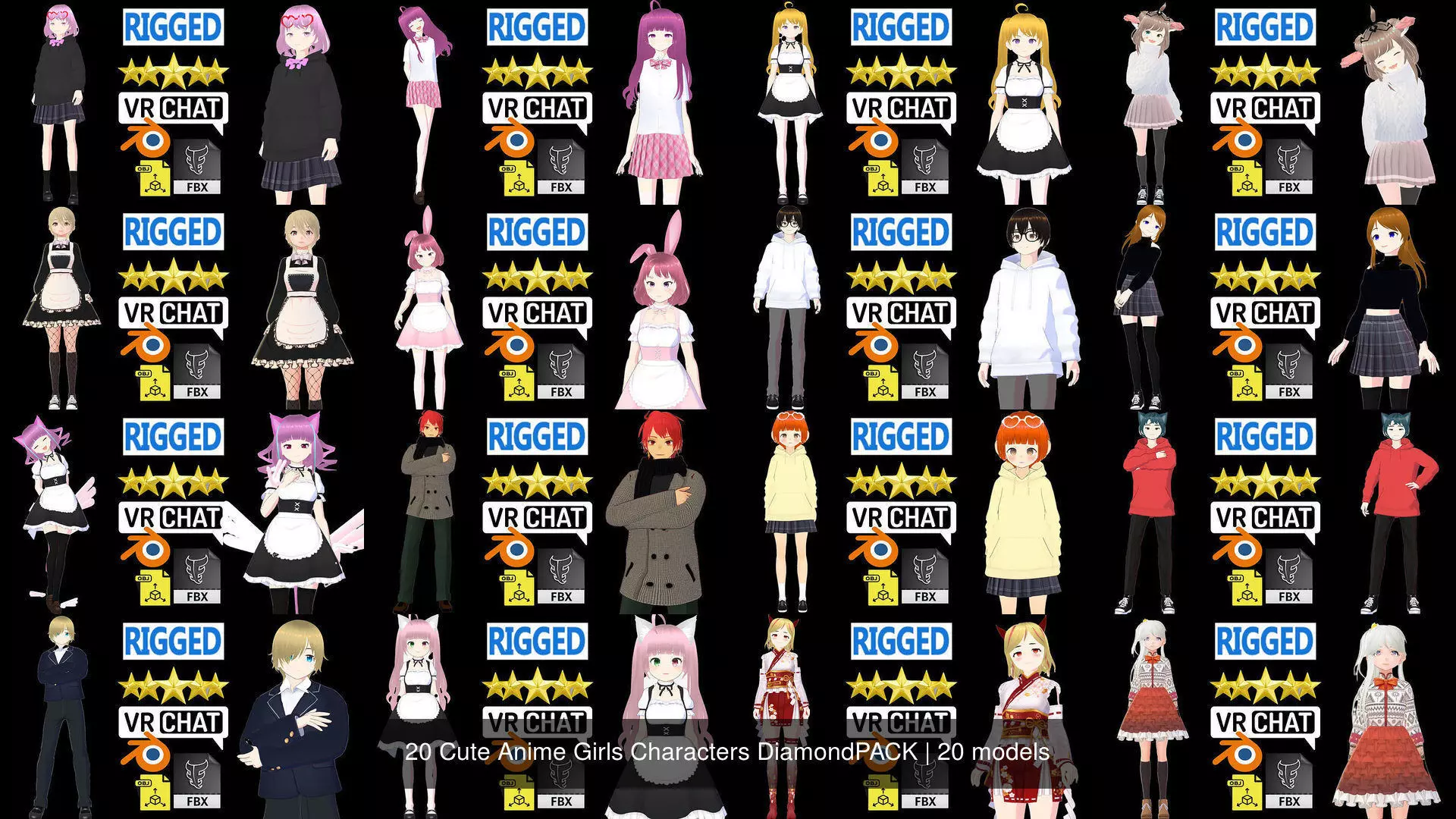 20 Cute Anime Girls Characters DiamondPACK 3D Model Collection_1