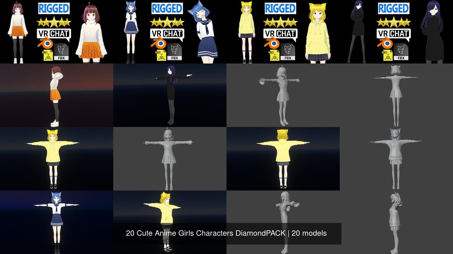 20 Cute Anime Girls Characters DiamondPACK 3D Model Collection_2