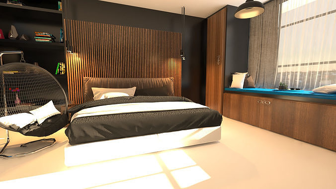 Bedroom Low-poly 3D model with bed and chair Low-poly 3D model