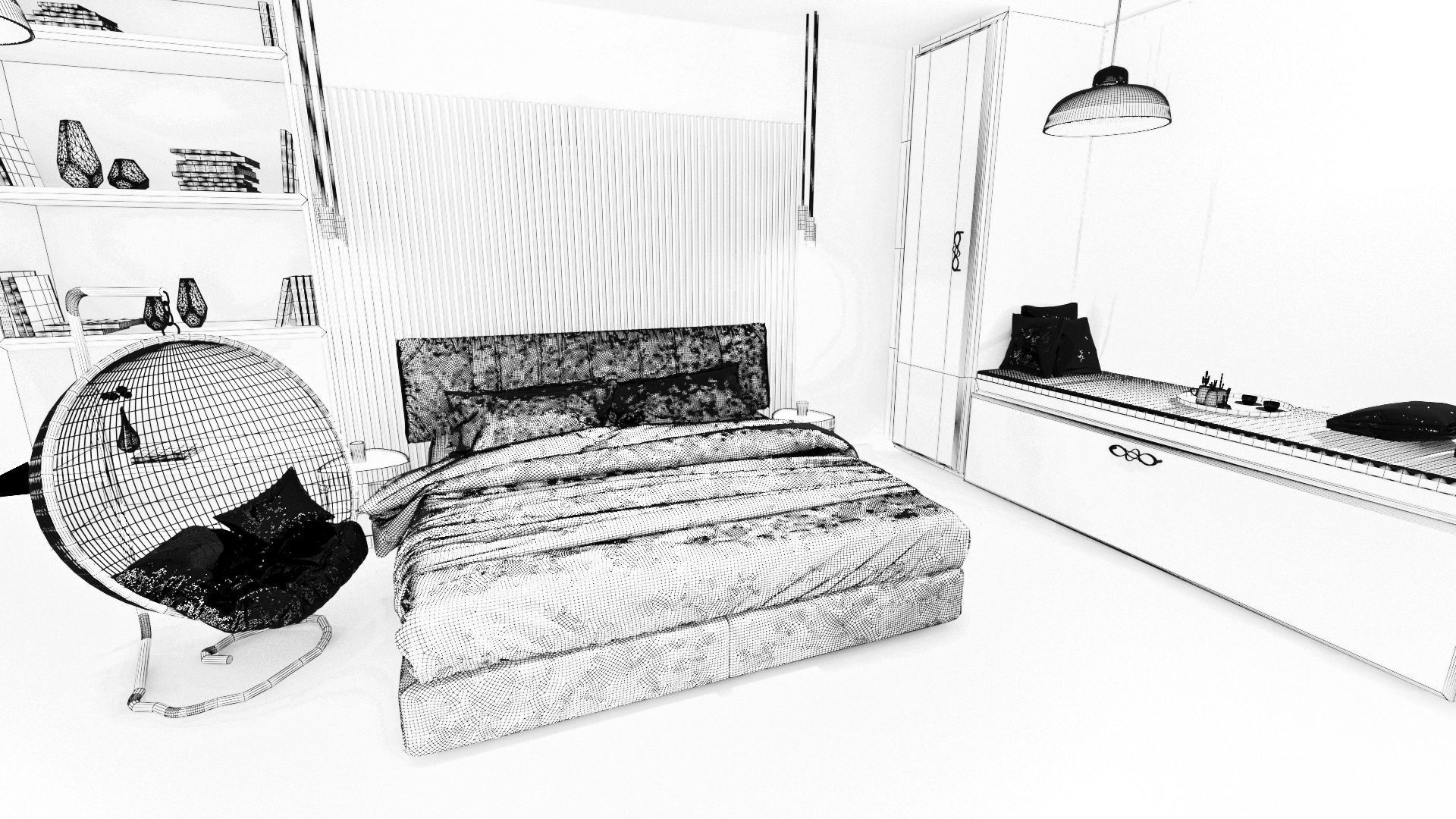 Bedroom Low-poly 3D model with bed and chair Low-poly 3D model_4