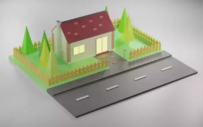 Low Poly House - 3D model on road