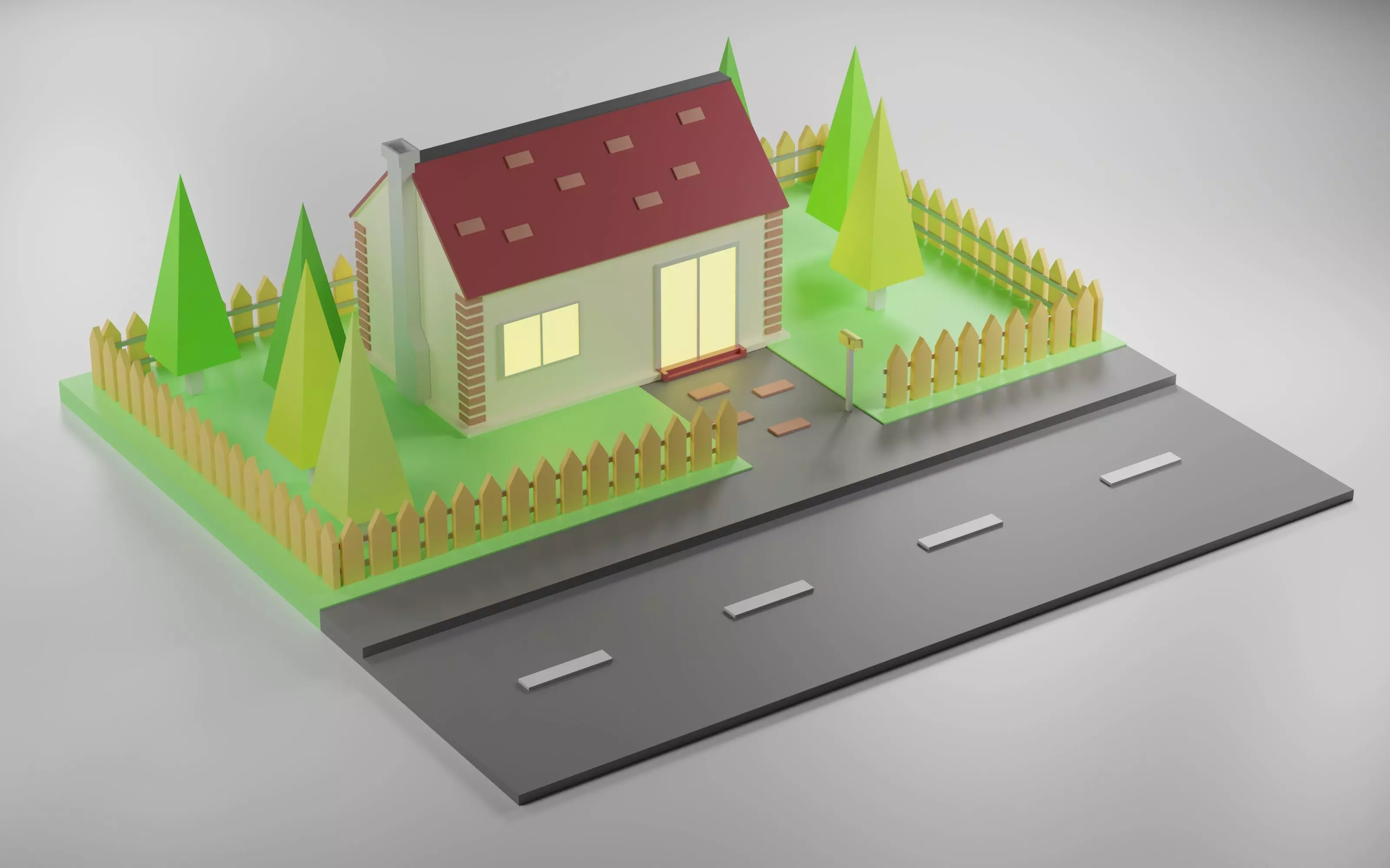 Low Poly House - 3D model on road Free low-poly 3D model
