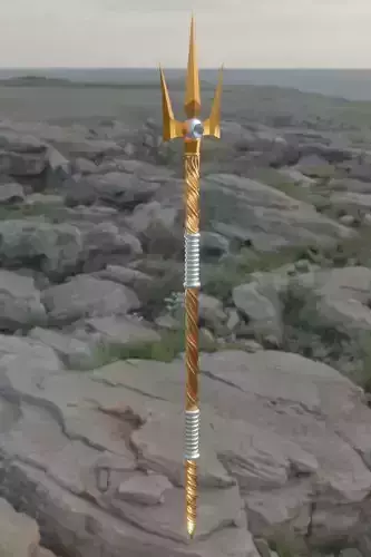 Trident golden spear in middle of field