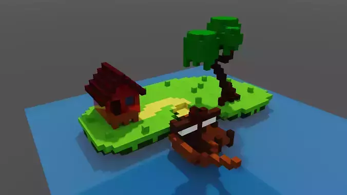 house on an island with a boat and a tree