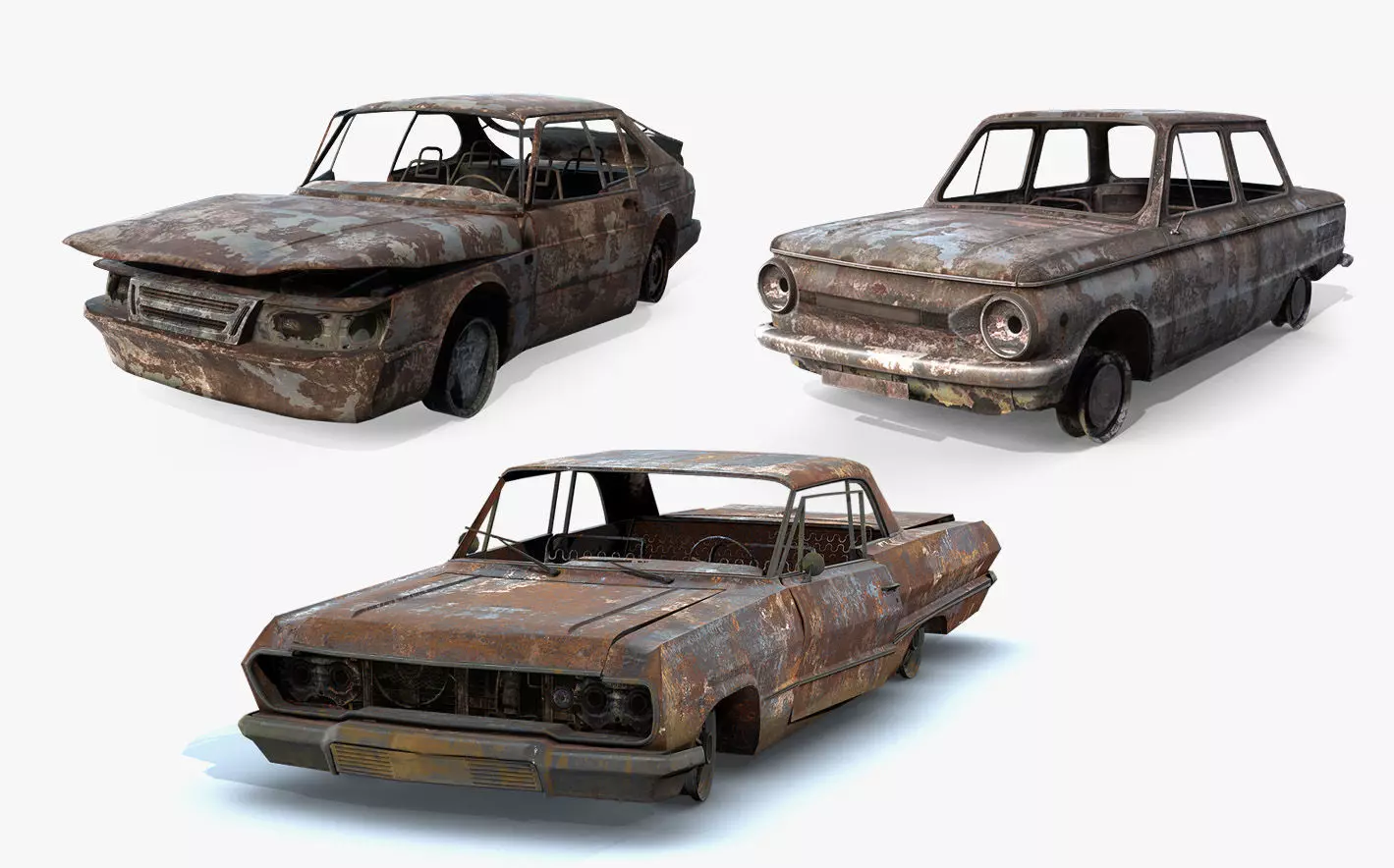 Burnt Retro Cars Set 3D Model Collection_0