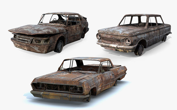 Burnt Retro Cars Set 3D Model Collection