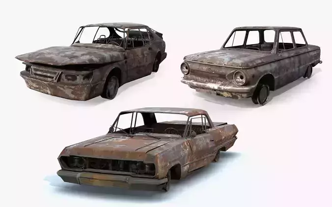 Burnt Retro Cars Set 3D Model Collection