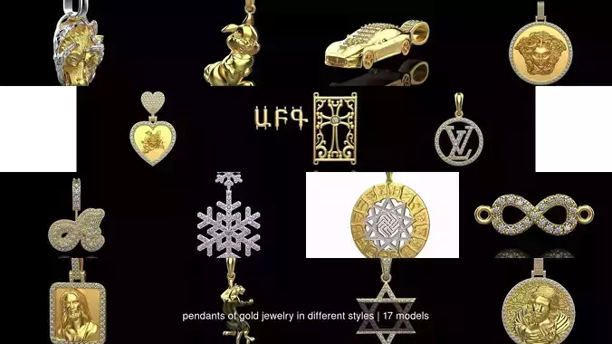 pendants of gold jewelry in different styles