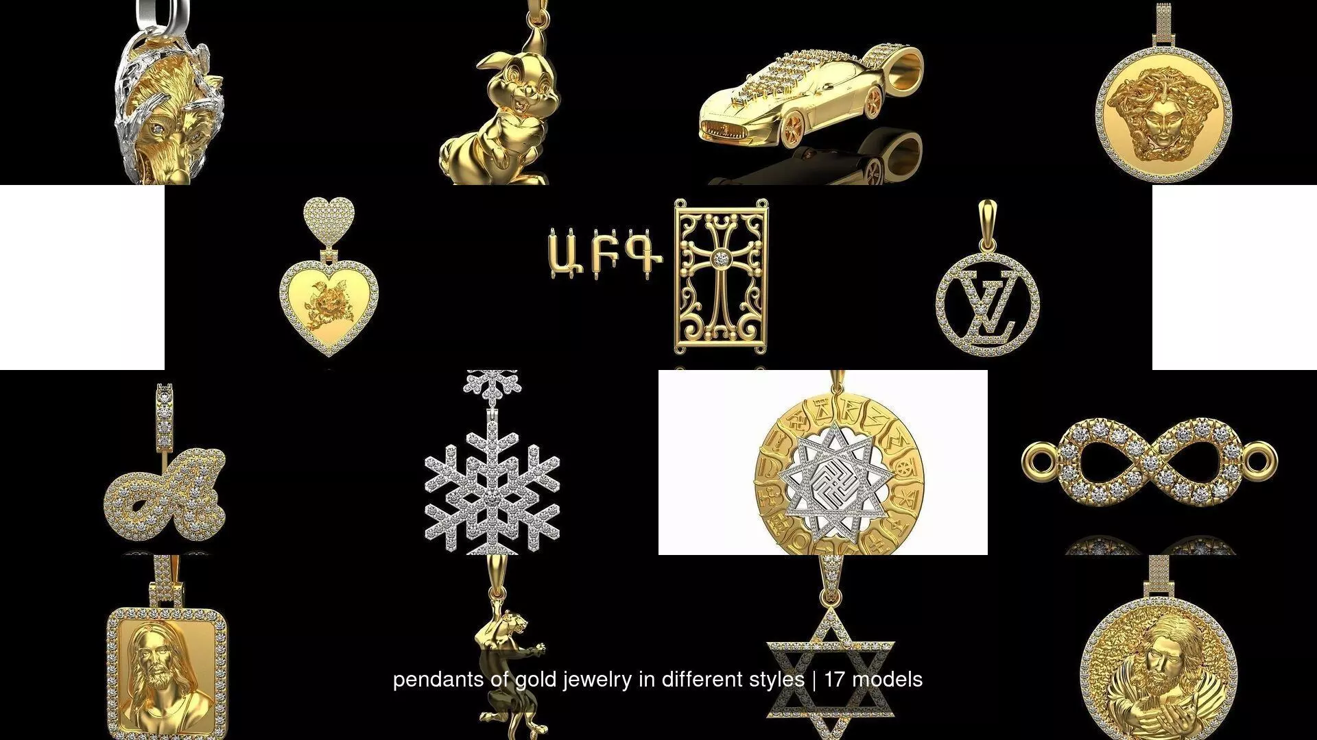 pendants of gold jewelry in different styles 3D Model Collection_3