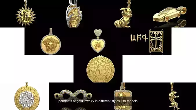 pendants of gold jewelry in different styles 3D Model Collection