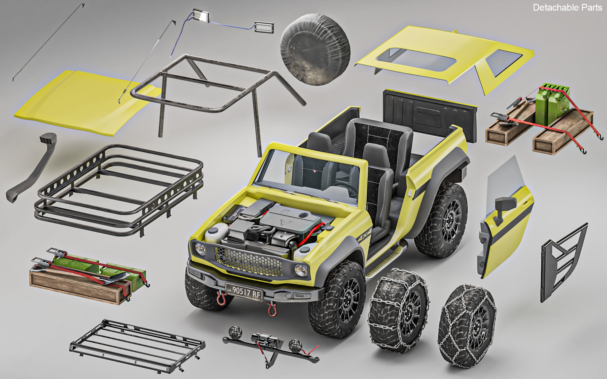 Generic Offroad SUV 4x4 vehicle Customizable Kitbash Pack Low-poly 3D model_4